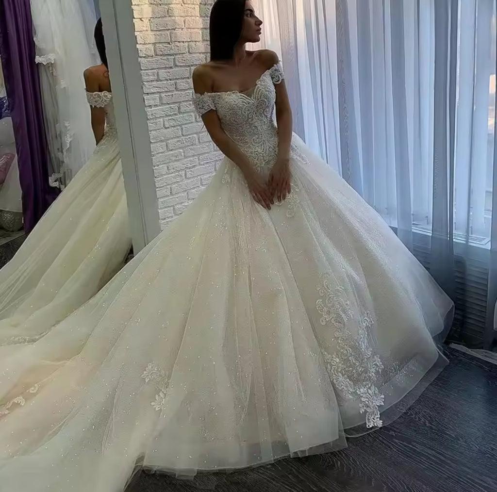 Robe de mariée Maria🤍– Élégante en tulle et organza, décolleté V, manches courtes, traîne chapelle