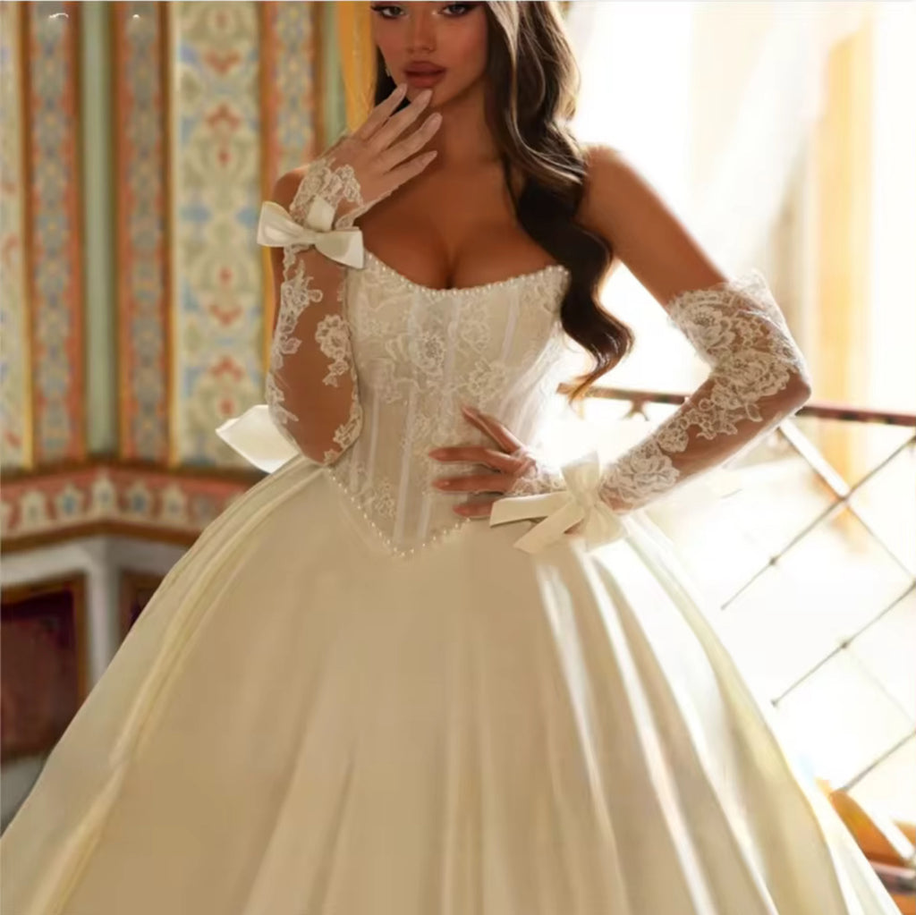 Robe de mariée Mélanie – Satin, manches longues, style princesse✨