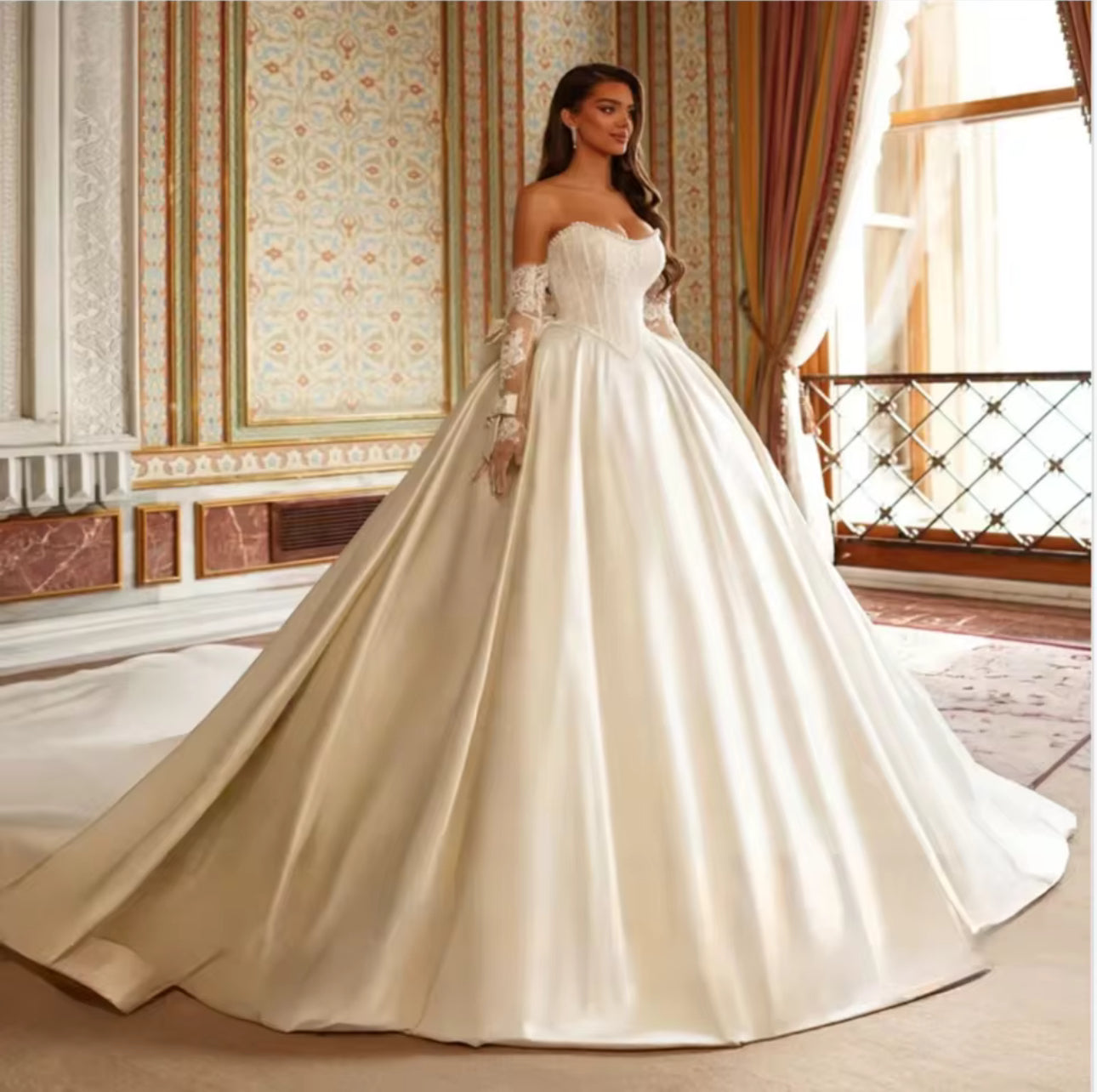 Robe de mariée Mélanie – Satin, manches longues, style princesse✨