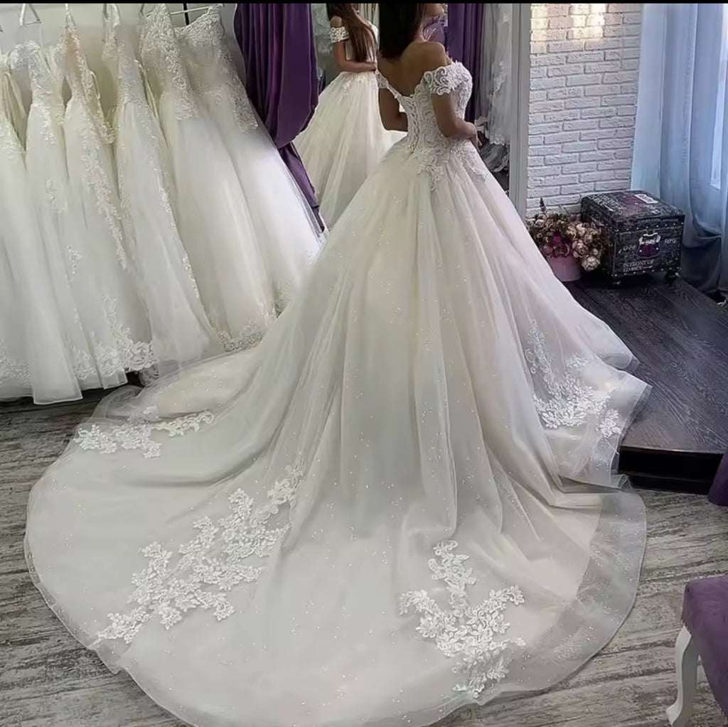 Robe de mariée Maria🤍– Élégante en tulle et organza, décolleté V, manches courtes, traîne chapelle